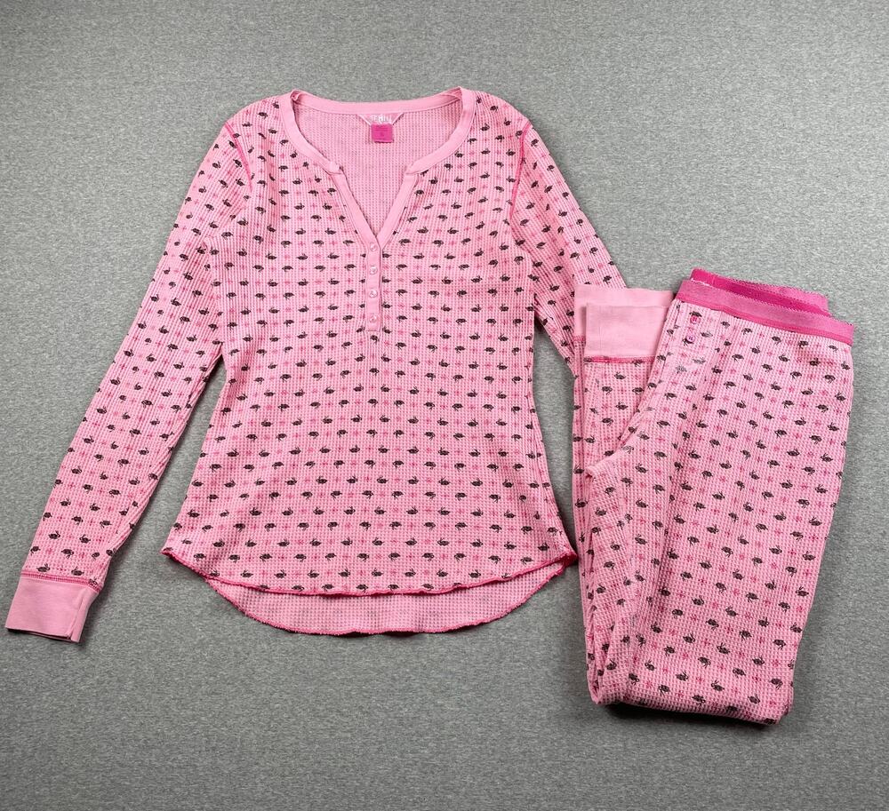 Vintage Y2K Jenni 2-pc Pajama Set Womens S Pink Thermal Waffle Knit Bunny Print